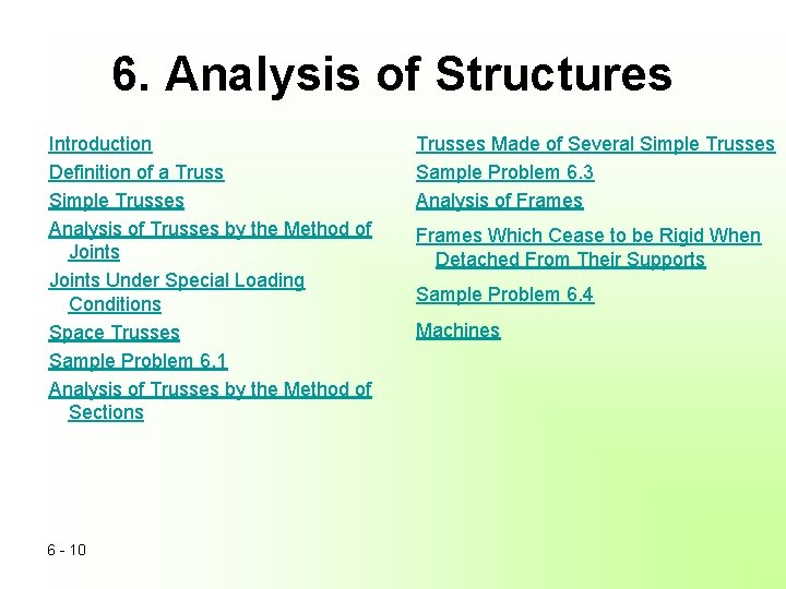 6. Analysis of Structures Introduction Definition of a Truss Simple Trusses Analysis of Trusses