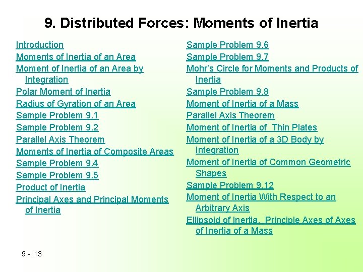 9. Distributed Forces: Moments of Inertia Introduction Moments of Inertia of an Area Moment