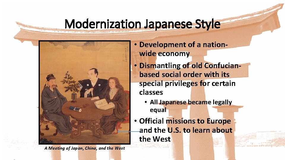 Modernization Japanese Style • Development of a nationwide economy • Dismantling of old Confucianbased