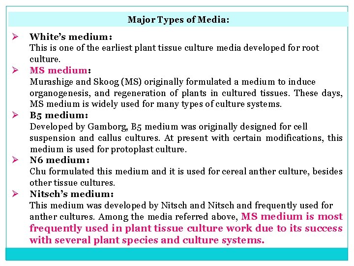 Major Types of Media: Ø Ø Ø White’s medium: This is one of the