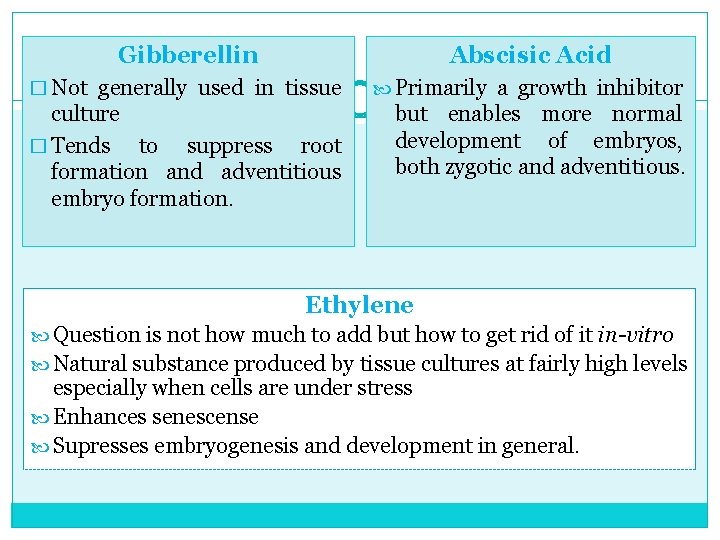 Gibberellin Abscisic Acid � Not generally used in tissue Primarily a growth inhibitor culture