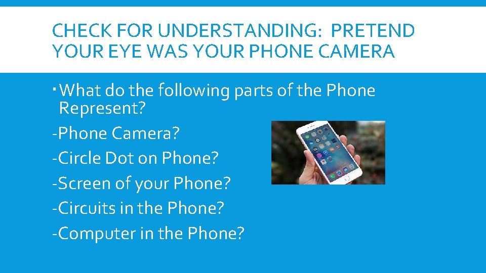CHECK FOR UNDERSTANDING: PRETEND YOUR EYE WAS YOUR PHONE CAMERA What do the following CHECK FOR UNDERSTANDING: PRETEND YOUR EYE WAS YOUR PHONE CAMERA What do the following