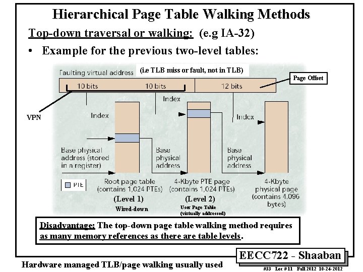 Hierarchical Page Table Walking Methods Top-down traversal or walking: (e. g IA-32) • Example