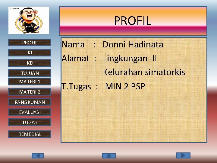 PROFIL KI KD TUJUAN MATERI 1 MATERI 2 RANGKUMAN EVALUASI TUGAS REMEDIAL Nama :