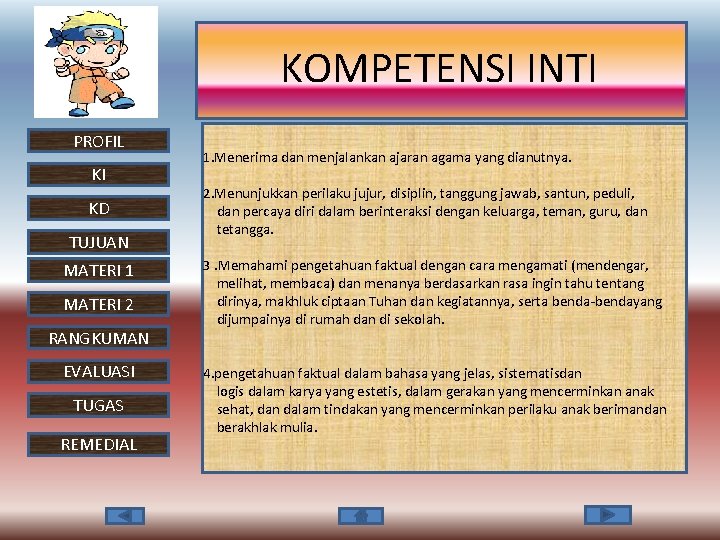 KOMPETENSI INTI PROFIL KI KD TUJUAN MATERI 1 MATERI 2 RANGKUMAN EVALUASI TUGAS REMEDIAL