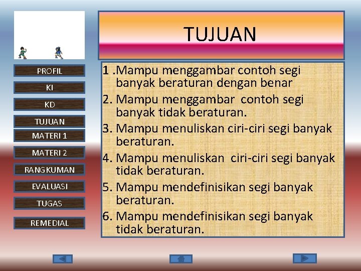 TUJUAN PROFIL KI KD TUJUAN MATERI 1 MATERI 2 RANGKUMAN EVALUASI TUGAS REMEDIAL 1.