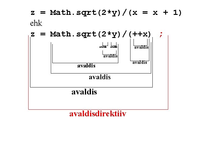 z = Math. sqrt(2*y)/(x = x + 1) ehk z = Math. sqrt(2*y)/(++x) ;