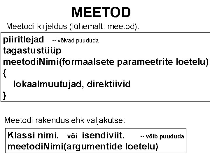 MEETOD Meetodi kirjeldus (lühemalt: meetod): piiritlejad -- võivad puududa tagastustüüp meetodi. Nimi(formaalsete parameetrite loetelu)
