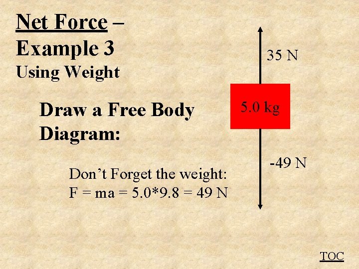 Net Force – Example 3 Using Weight Draw a Free Body Diagram: Don’t Forget