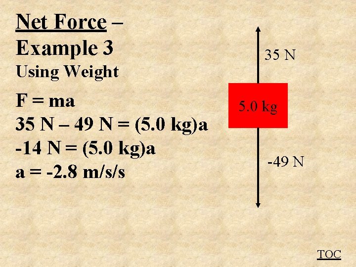 Net Force – Example 3 Using Weight F = ma 35 N – 49