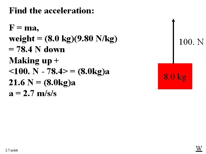 Find the acceleration: F = ma, weight = (8. 0 kg)(9. 80 N/kg) =