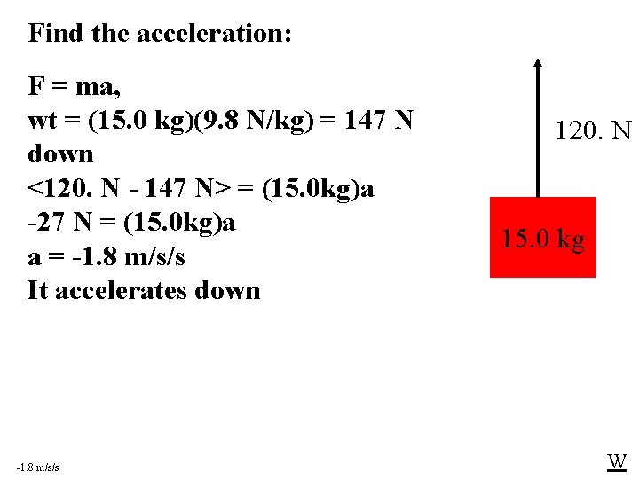 Find the acceleration: F = ma, wt = (15. 0 kg)(9. 8 N/kg) =