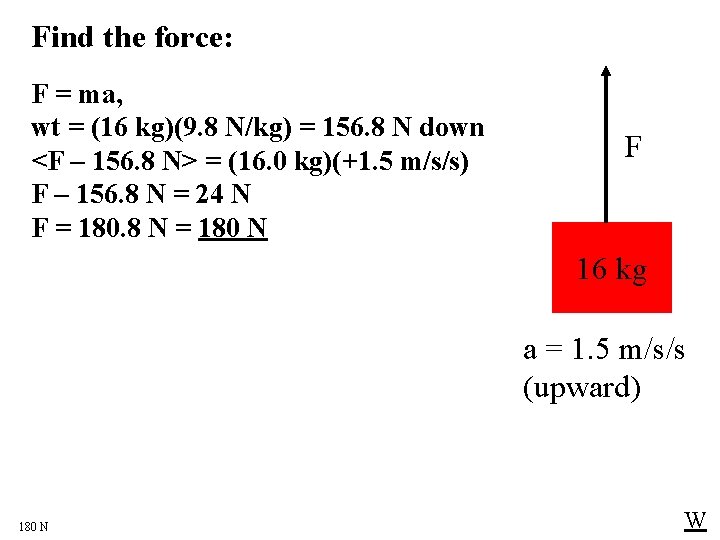 Find the force: F = ma, wt = (16 kg)(9. 8 N/kg) = 156.