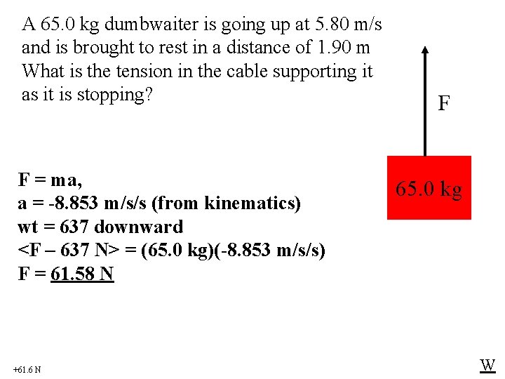 A 65. 0 kg dumbwaiter is going up at 5. 80 m/s and is