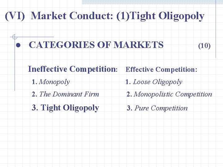 (VI) Market Conduct: (1)Tight Oligopoly ● CATEGORIES OF MARKETS (10) Ineffective Competition: Effective Competition: