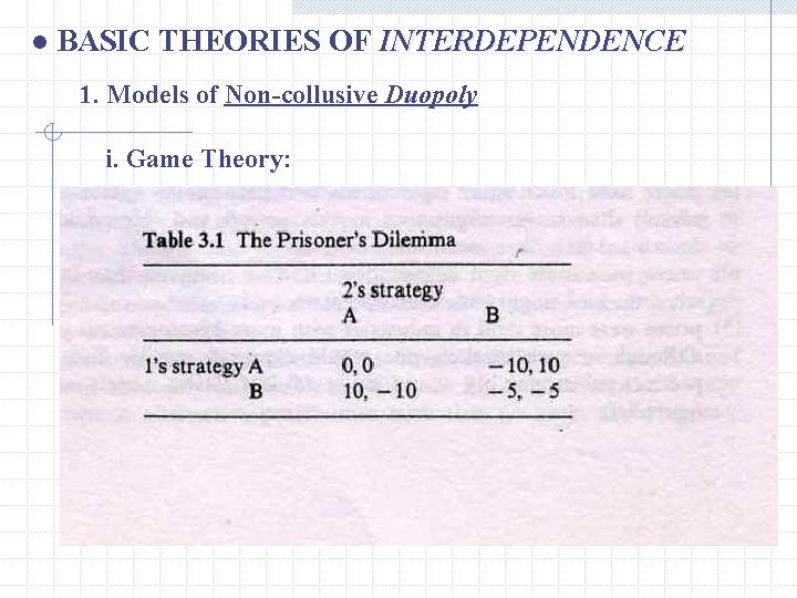 ● BASIC THEORIES OF INTERDEPENDENCE 1. Models of Non-collusive Duopoly i. Game Theory: 