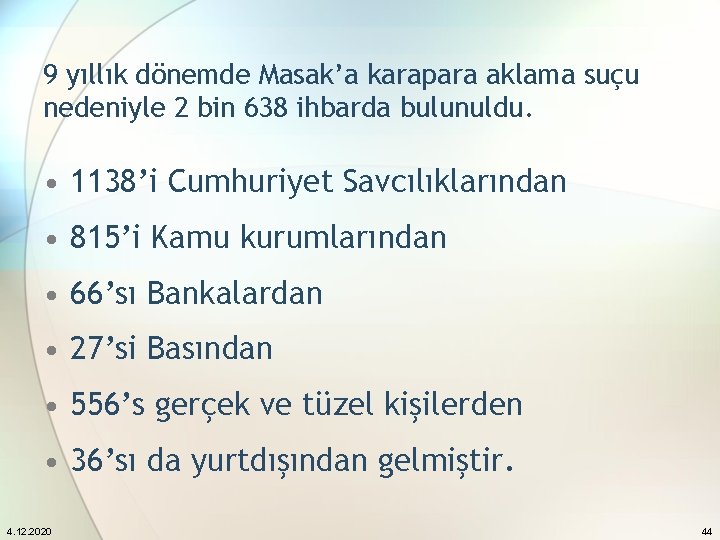 9 yıllık dönemde Masak’a karapara aklama suçu nedeniyle 2 bin 638 ihbarda bulunuldu. •