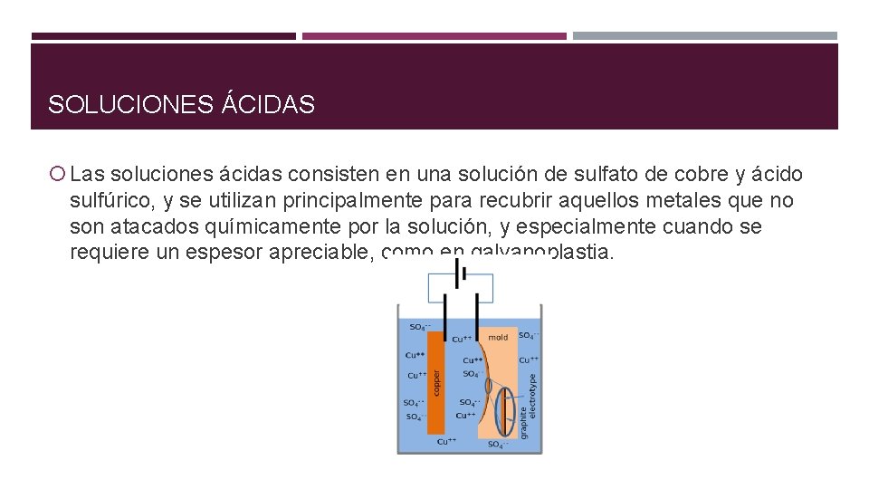 SOLUCIONES ÁCIDAS Las soluciones ácidas consisten en una solución de sulfato de cobre y