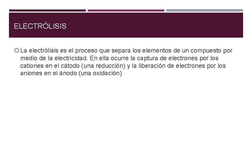 ELECTRÓLISIS La electrólisis es el proceso que separa los elementos de un compuesto por