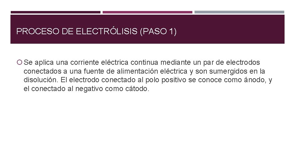 PROCESO DE ELECTRÓLISIS (PASO 1) Se aplica una corriente eléctrica continua mediante un par