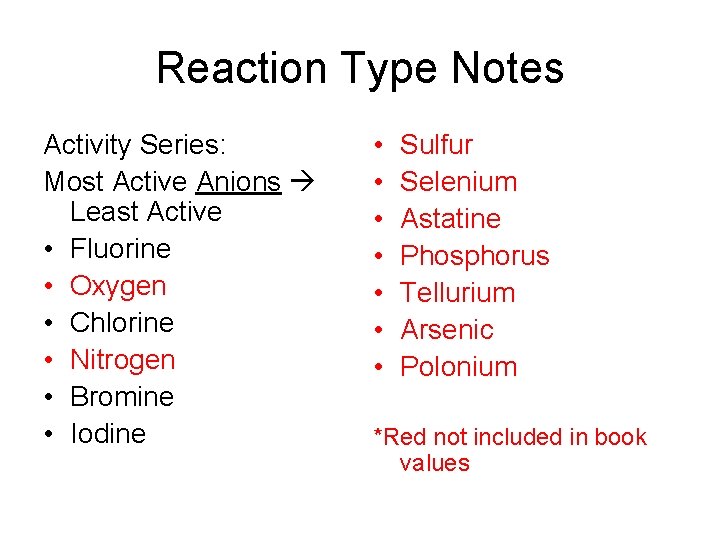 Reaction Type Notes Activity Series: Most Active Anions Least Active • Fluorine • Oxygen