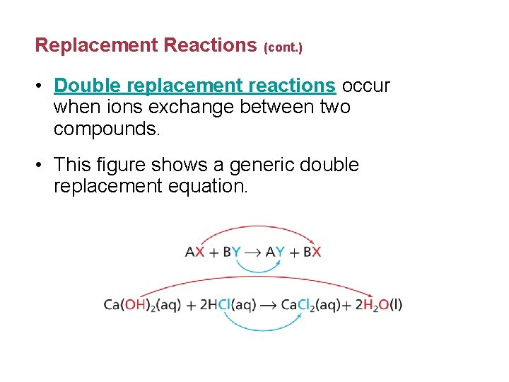 Replacement Reactions (cont. ) • Double replacement reactions occur when ions exchange between two