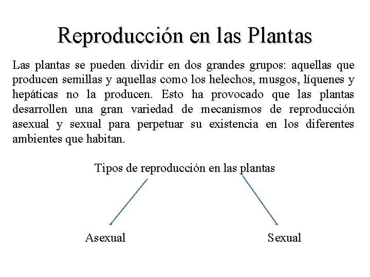 Reproducción en las Plantas Las plantas se pueden dividir en dos grandes grupos: aquellas
