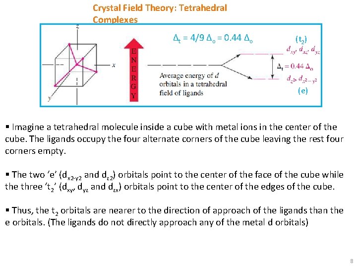 Crystal Field Theory: Tetrahedral Complexes Δt = 4/9 Δo = 0. 44 Δo (t Crystal Field Theory: Tetrahedral Complexes Δt = 4/9 Δo = 0. 44 Δo (t