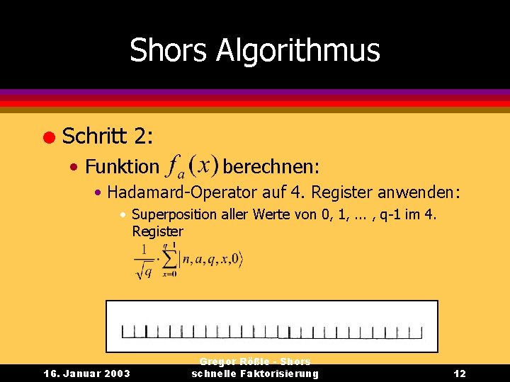 Shors Algorithmus l Schritt 2: • Funktion berechnen: • Hadamard-Operator auf 4. Register anwenden: