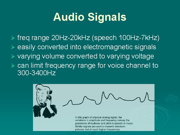 Audio Signals freq range 20 Hz-20 k. Hz (speech 100 Hz-7 k. Hz) Ø