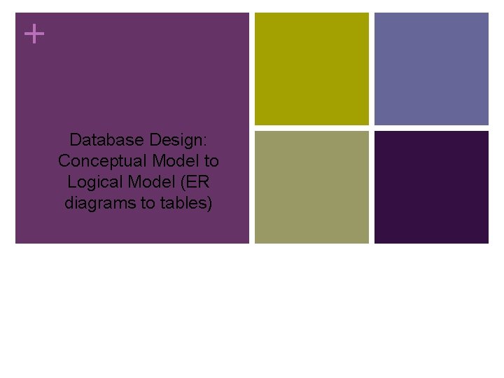 + Database Design: Conceptual Model to Logical Model (ER diagrams to tables) 