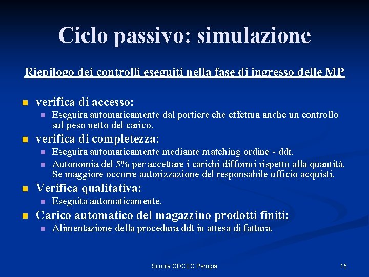 Ciclo passivo: simulazione Riepilogo dei controlli eseguiti nella fase di ingresso delle MP n