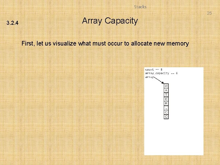 Stacks 25 3. 2. 4 Array Capacity First, let us visualize what must occur