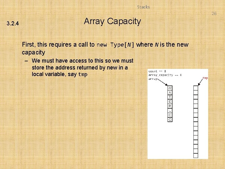 Stacks 26 3. 2. 4 Array Capacity First, this requires a call to new