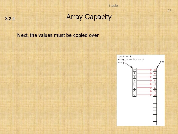 Stacks 27 3. 2. 4 Array Capacity Next, the values must be copied over