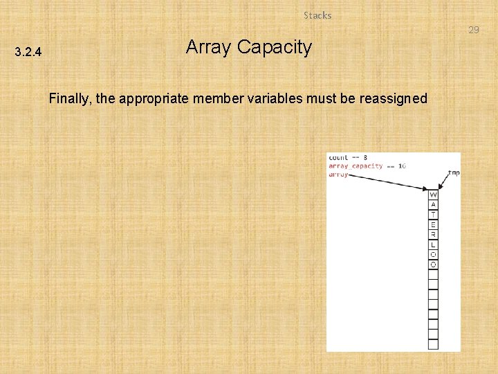 Stacks 29 3. 2. 4 Array Capacity Finally, the appropriate member variables must be