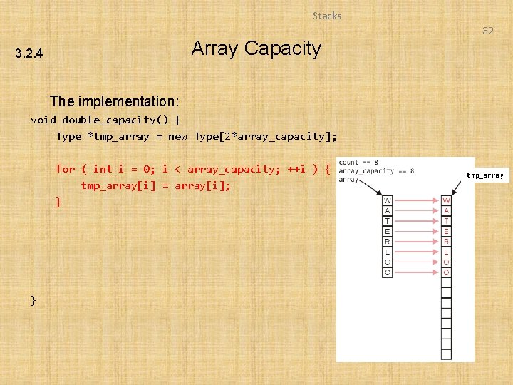 Stacks 32 Array Capacity 3. 2. 4 The implementation: void double_capacity() { Type *tmp_array