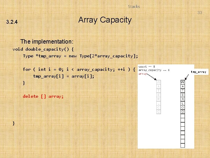 Stacks 33 Array Capacity 3. 2. 4 The implementation: void double_capacity() { Type *tmp_array