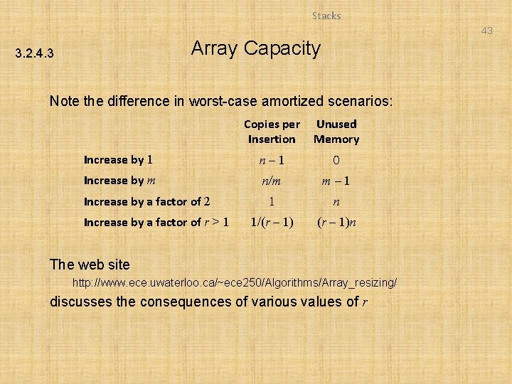 Stacks 43 Array Capacity 3. 2. 4. 3 Note the difference in worst-case amortized