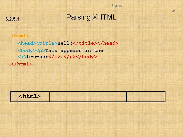 Stacks 49 3. 2. 5. 1 Parsing XHTML <html> <head><title>Hello</title></head> <body><p>This appears in the