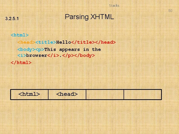 Stacks 50 3. 2. 5. 1 Parsing XHTML <html> <head><title>Hello</title></head> <body><p>This appears in the