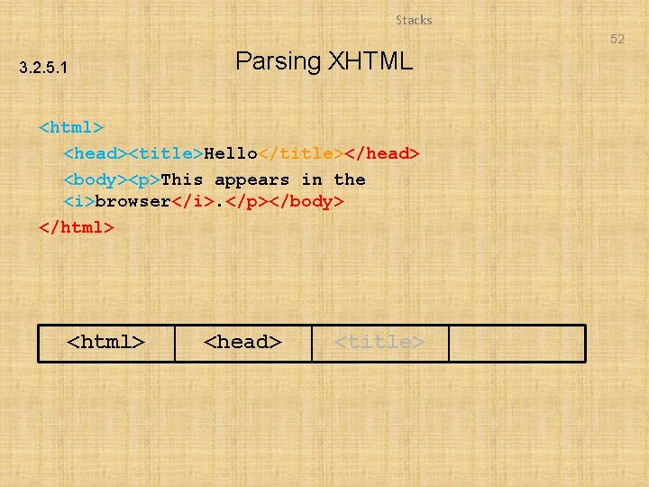 Stacks 52 3. 2. 5. 1 Parsing XHTML <html> <head><title>Hello</title></head> <body><p>This appears in the