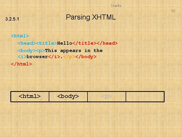 Stacks 58 3. 2. 5. 1 Parsing XHTML <html> <head><title>Hello</title></head> <body><p>This appears in the