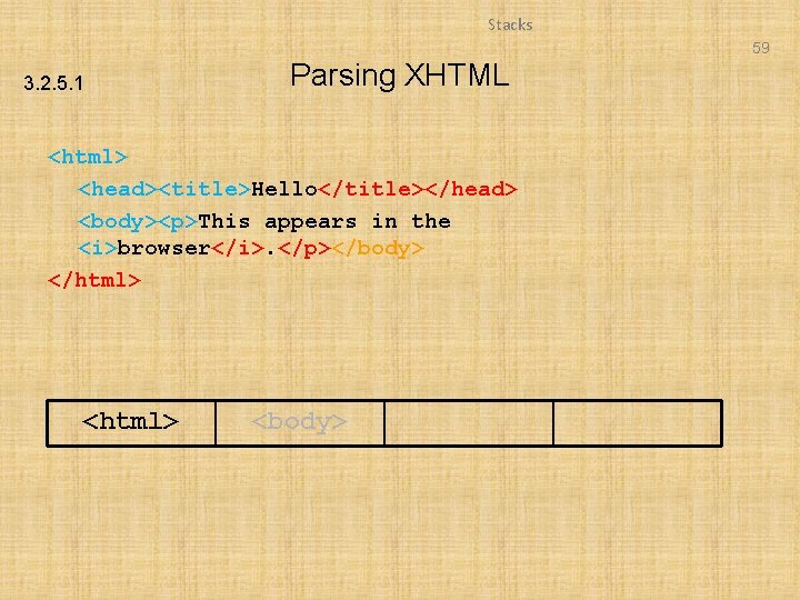 Stacks 59 3. 2. 5. 1 Parsing XHTML <html> <head><title>Hello</title></head> <body><p>This appears in the