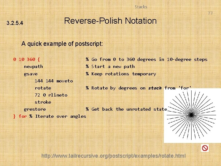 Stacks 77 3. 2. 5. 4 Reverse-Polish Notation A quick example of postscript: 0