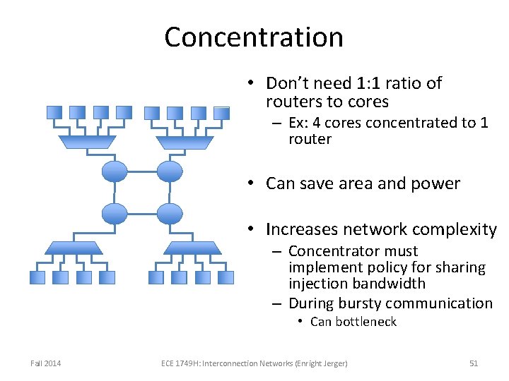 Concentration • Don’t need 1: 1 ratio of routers to cores – Ex: 4 Concentration • Don’t need 1: 1 ratio of routers to cores – Ex: 4