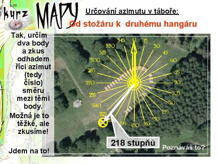 Určování azimutu v táboře: Od stožáru k druhému hangáru Tak, určím dva body a