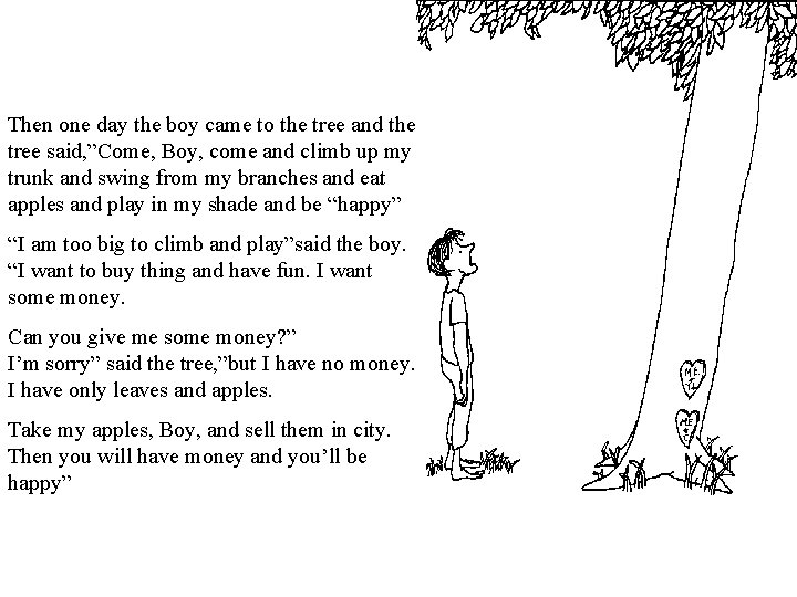 Then one day the boy came to the tree and the tree said, ”Come, Then one day the boy came to the tree and the tree said, ”Come,