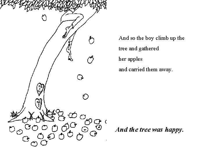 And so the boy climb up the tree and gathered her apples and carried And so the boy climb up the tree and gathered her apples and carried