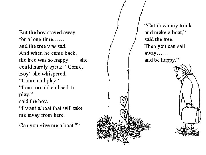 But the boy stayed away for a long time…… and the tree was sad. But the boy stayed away for a long time…… and the tree was sad.